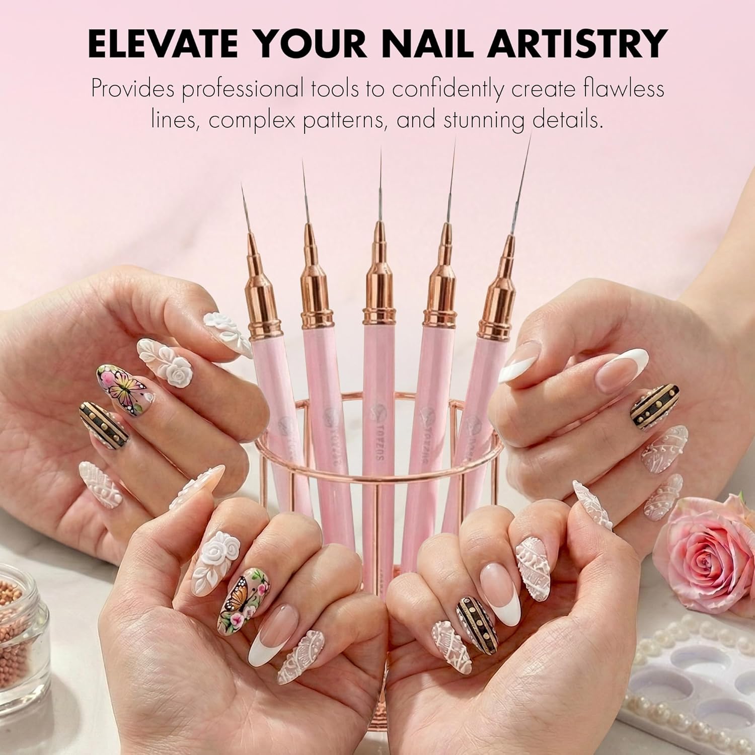 Thin Nail Art Brush Set - Professional Detailing Liner Brushes with Rose Gold Accents for Intricate Nail Art Designs