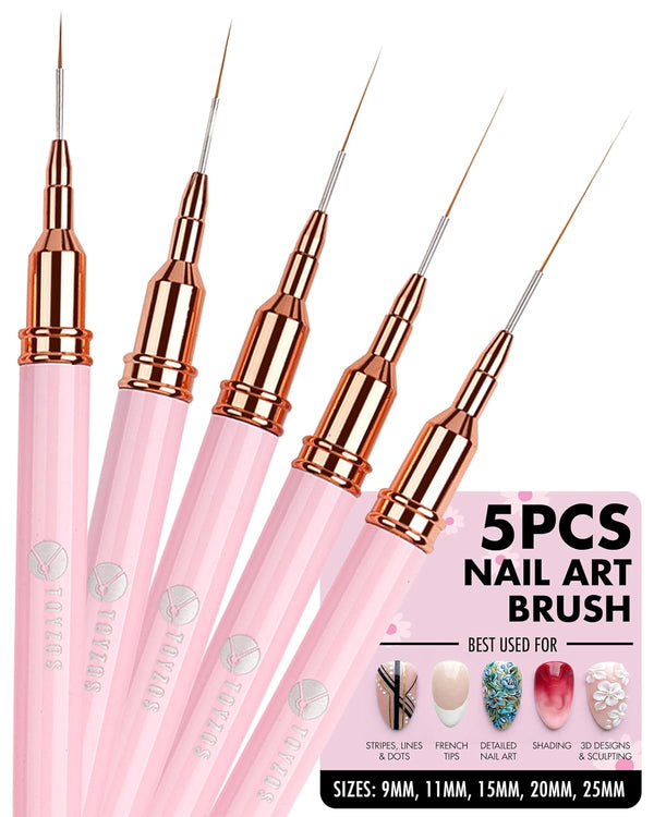 Thin Nail Art Brush Set - Professional Detailing Liner Brushes with Rose Gold Accents for Intricate Nail Art Designs