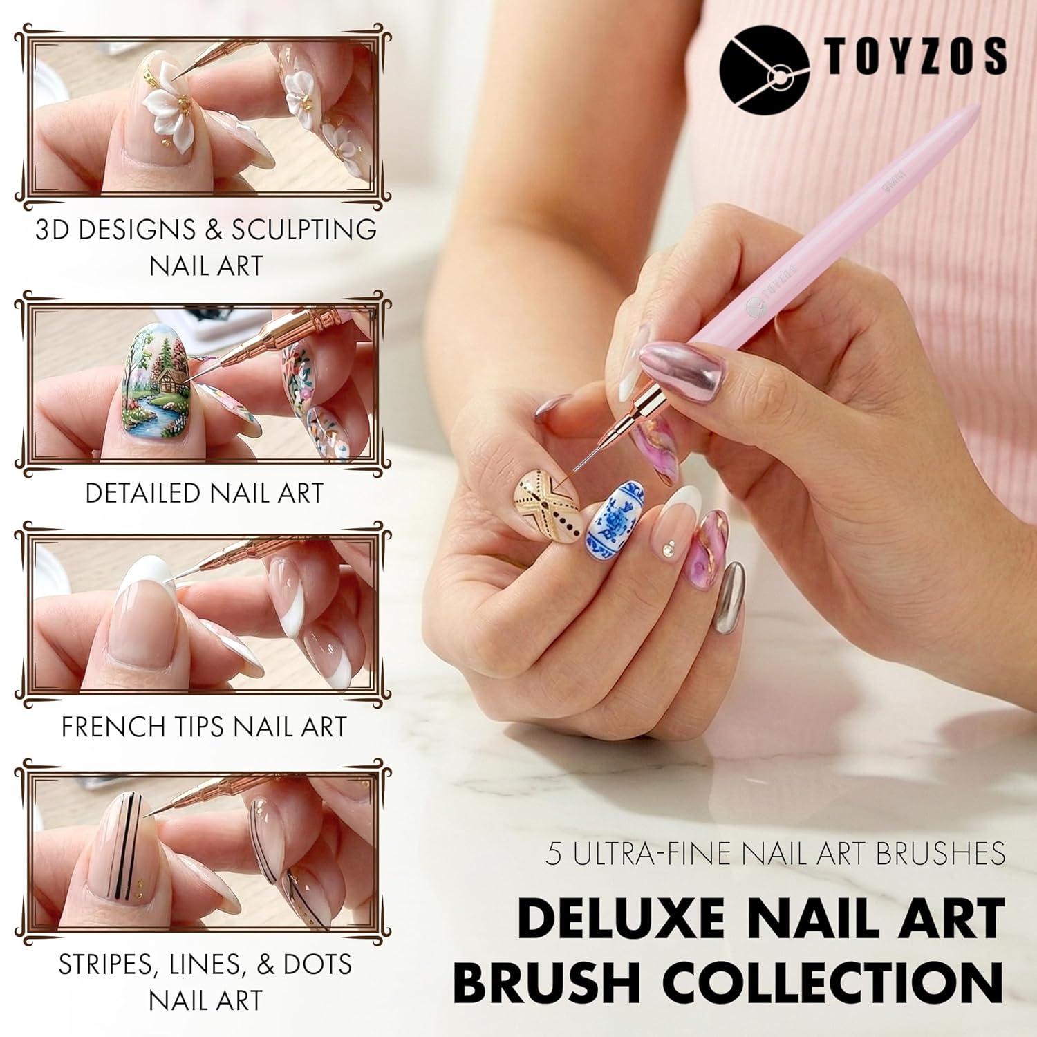 Thin Nail Art Brush Set - Professional Detailing Liner Brushes with Rose Gold Accents for Intricate Nail Art Designs