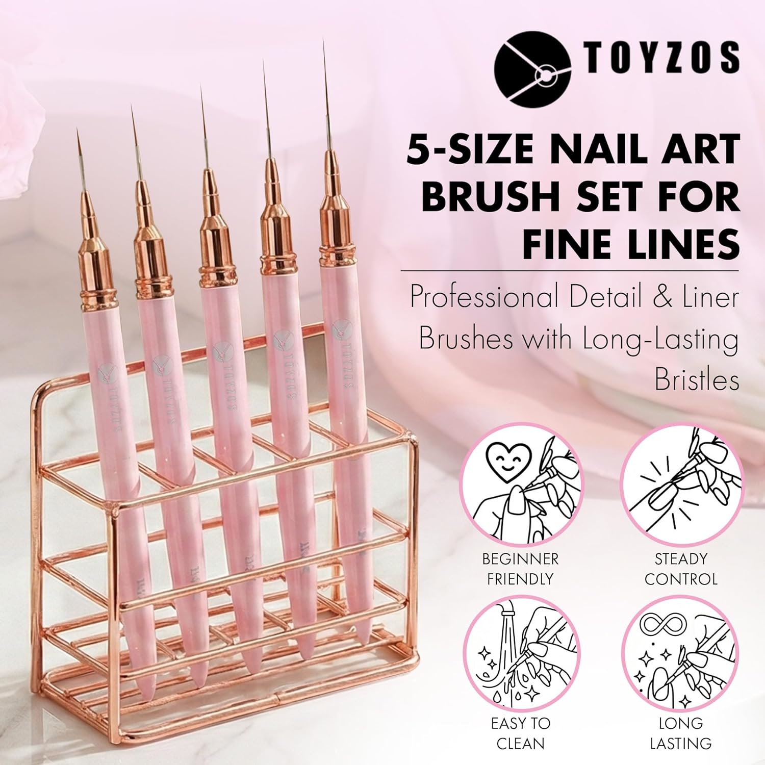 Thin Nail Art Brush Set - Professional Detailing Liner Brushes with Rose Gold Accents for Intricate Nail Art Designs